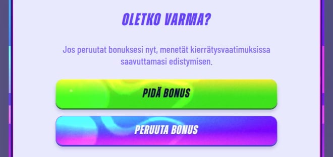 non sticky bonuksen peruuttaminen