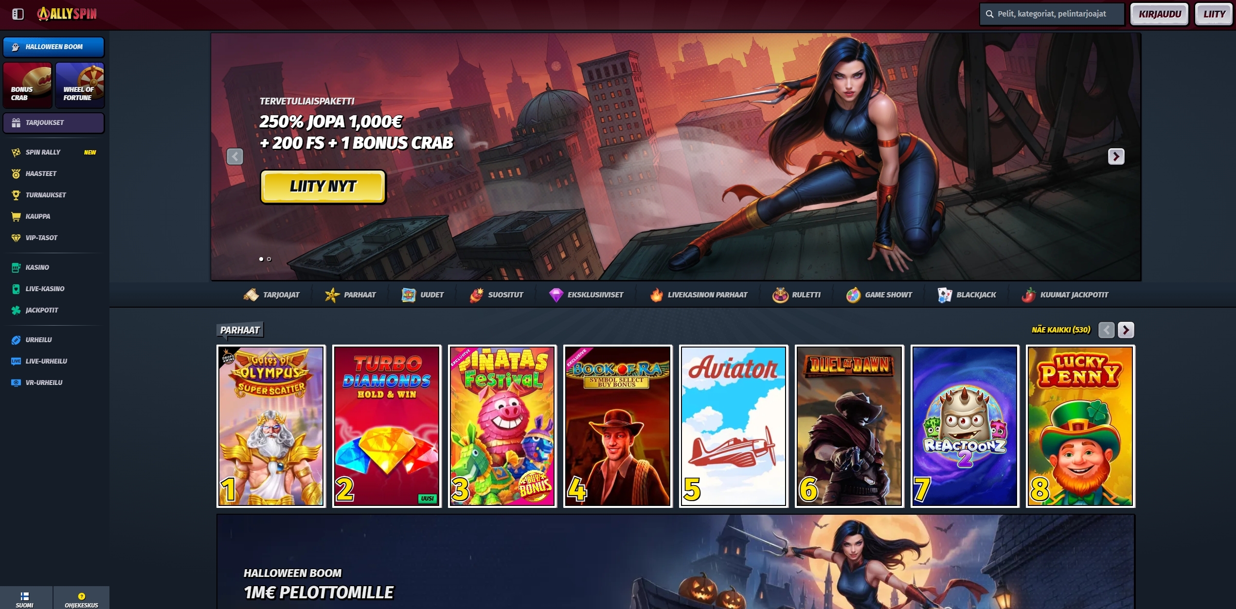 Allyspin Casinon etusivu ja esittelynäkymä