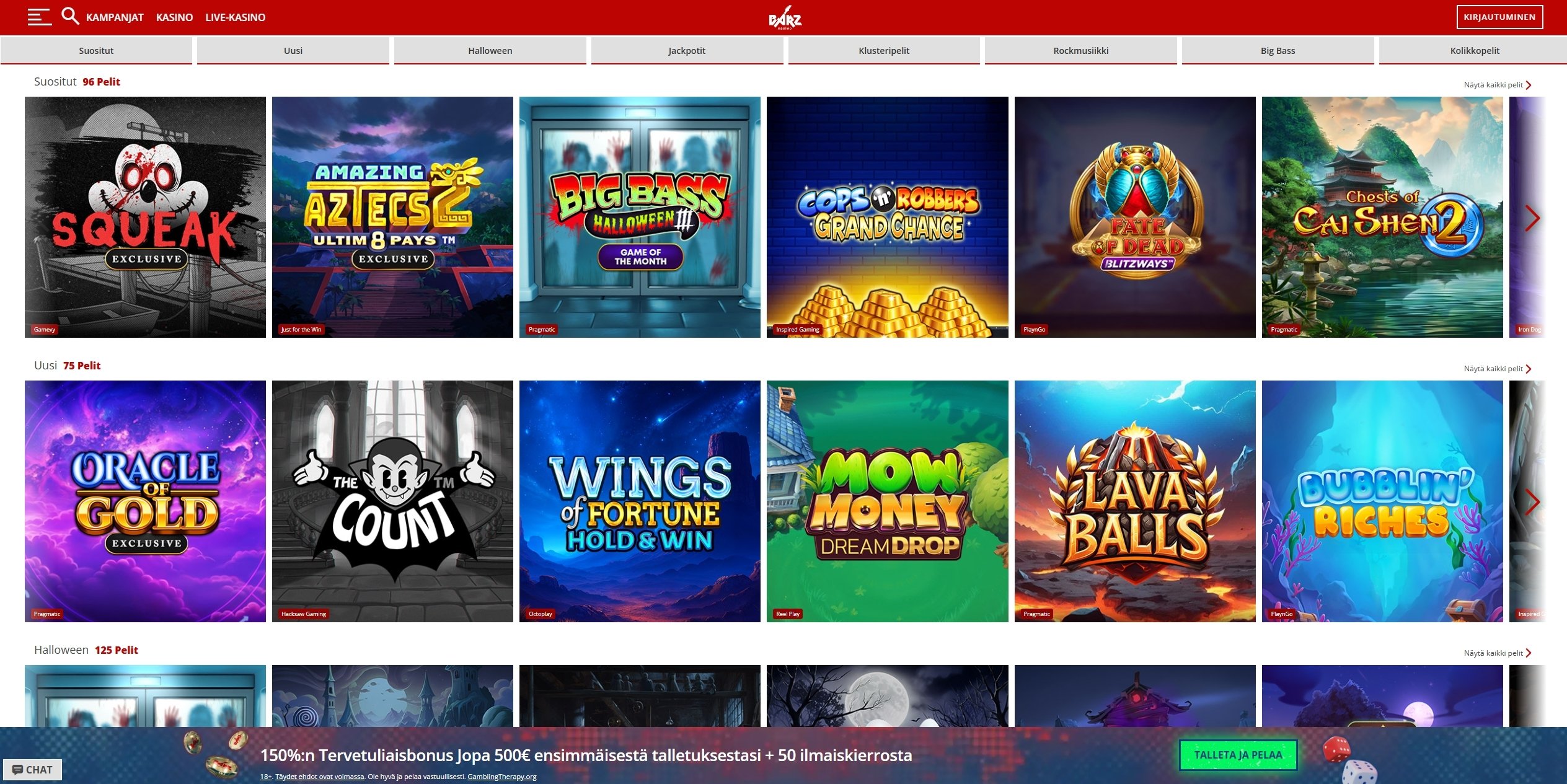 Barz Casinon etusivu ja esittelynäkymä