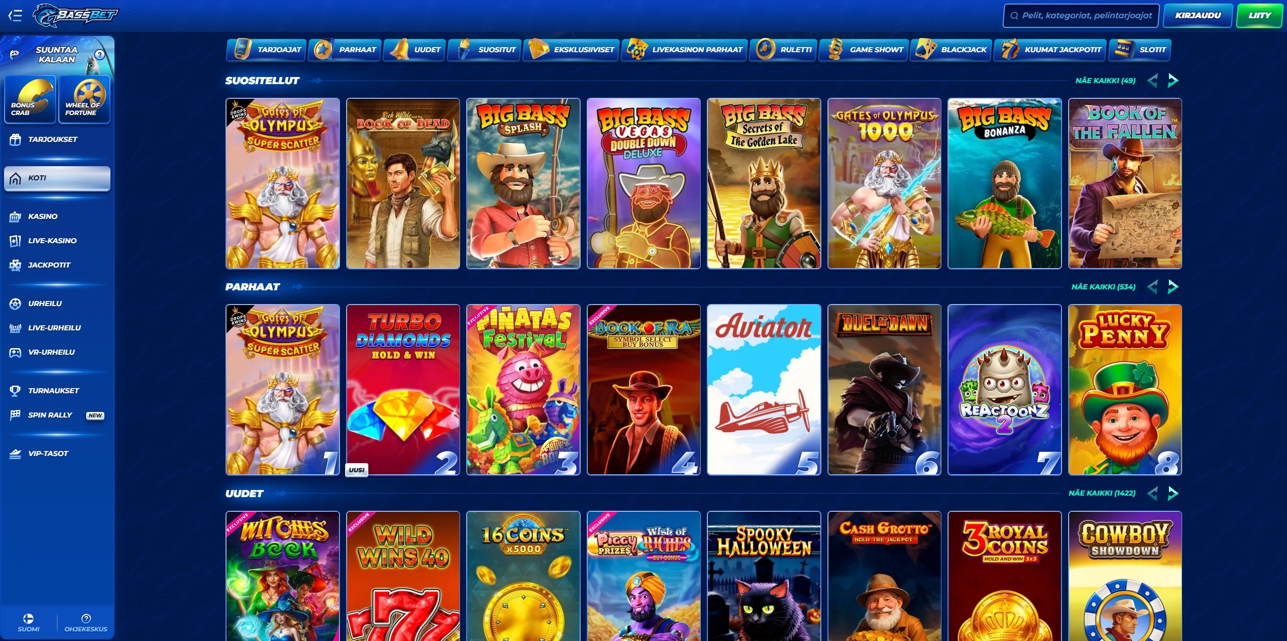 Bassbet Casinon etusivu ja esittelyosio