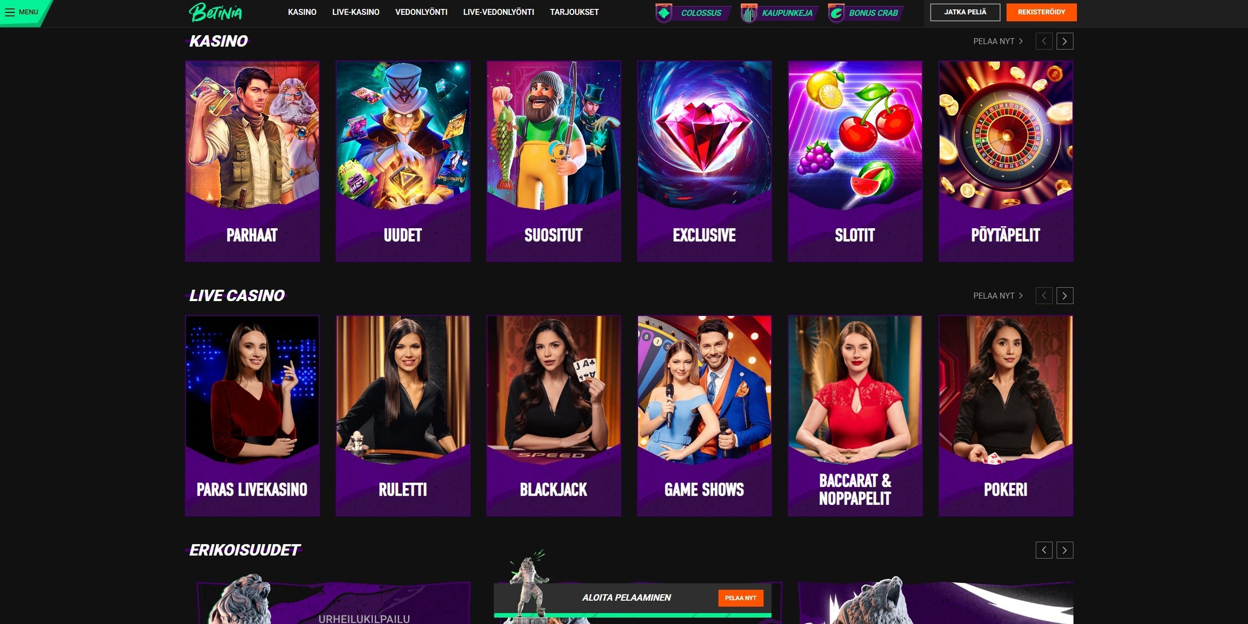 Betinia Casinon etusivu ja esittelyosio