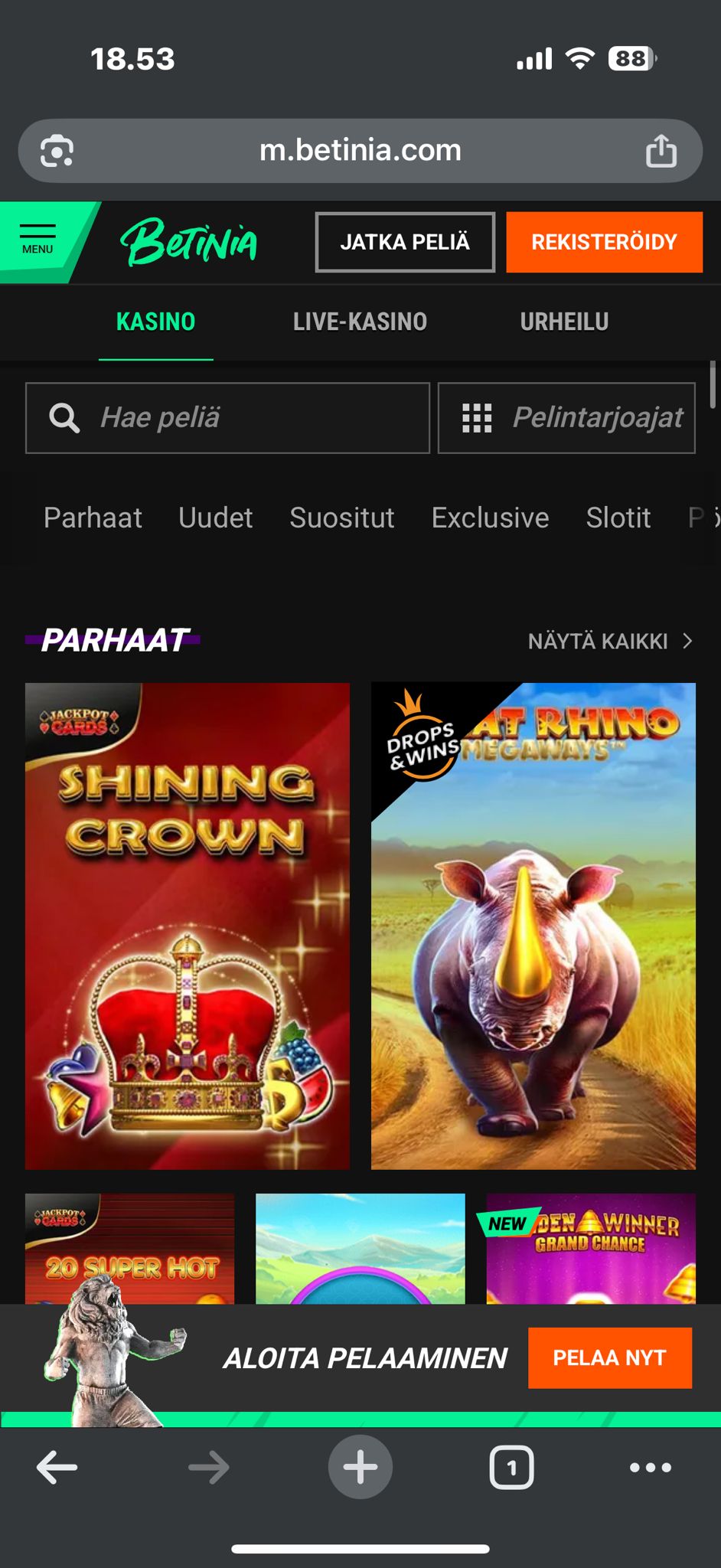 Betinia Casino mobiiliversio älypuhelimella