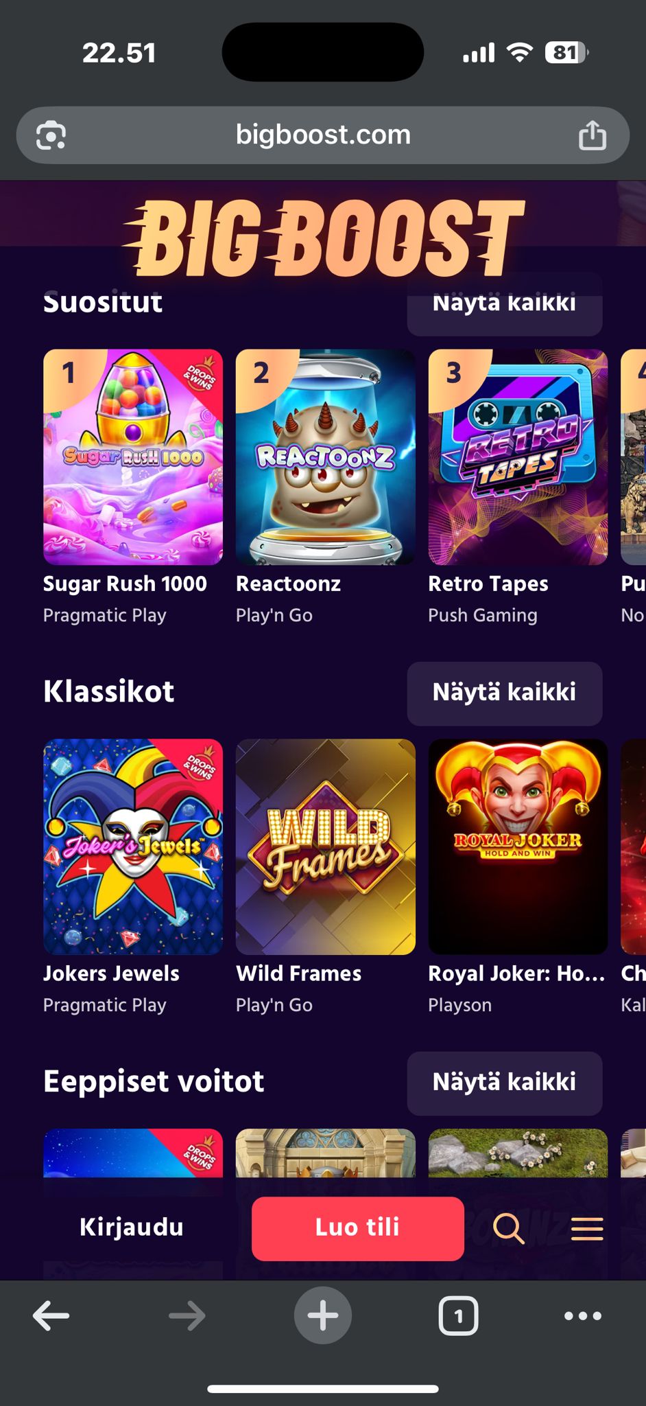 Big Boost Casino mobiiliversio kuvakaappauksessa