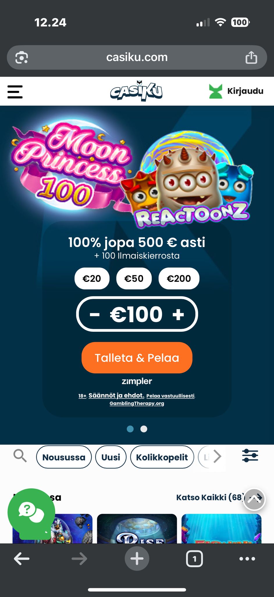 Casiku Casino mobiiliversio kuvakaappauksessa