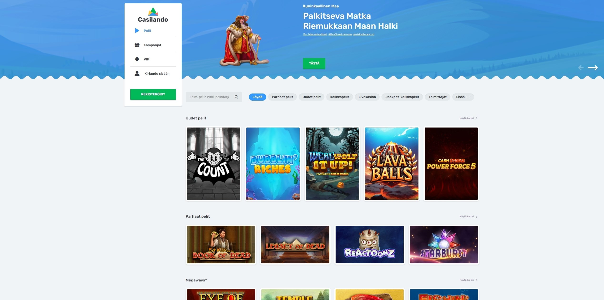 Casilando Casino etusivu kuvakaappauksessa