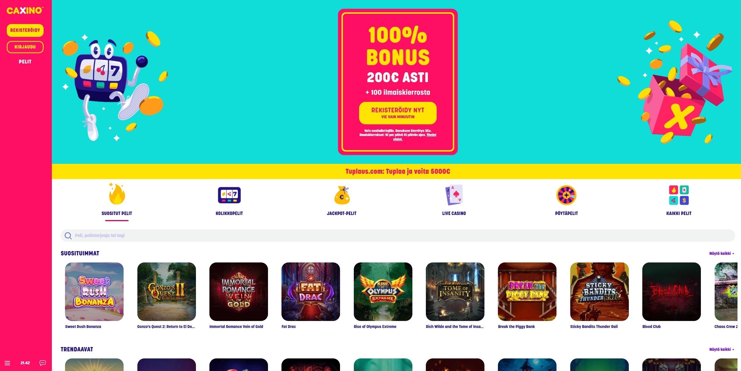 Caxino Casino etusivu kuvakaappauksessa