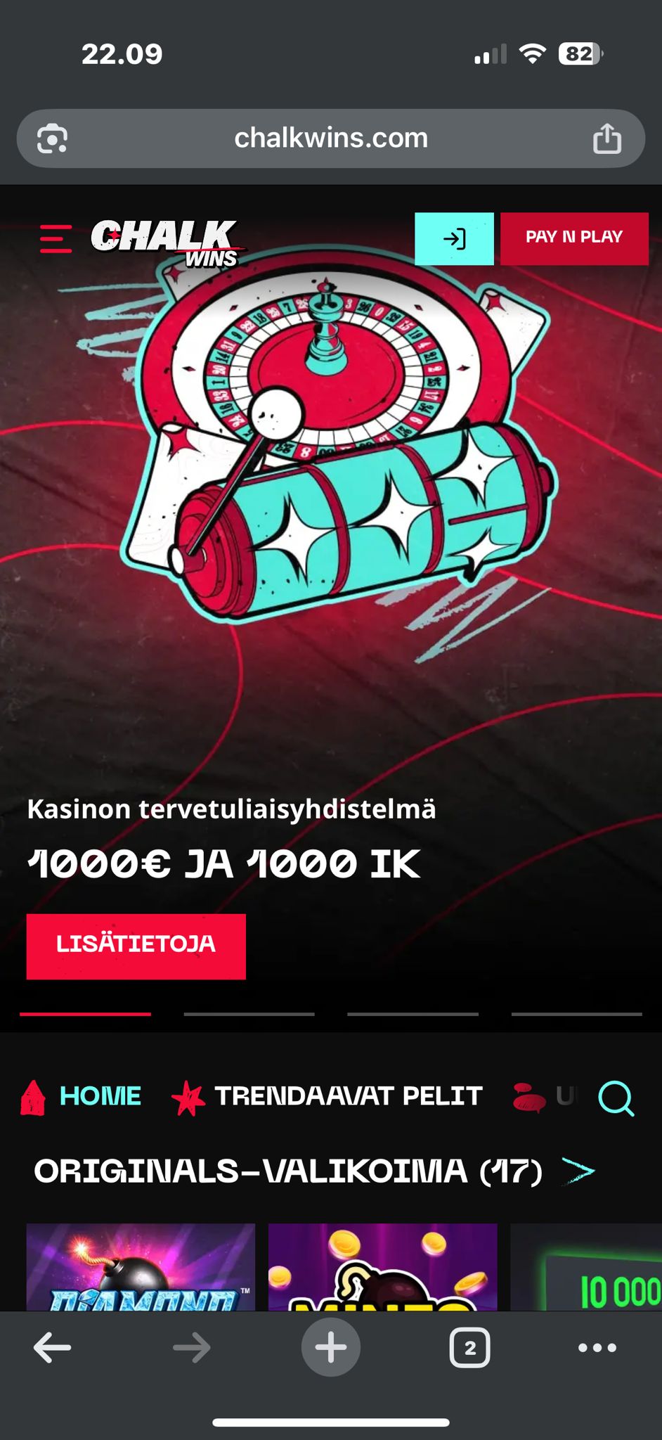 Chalkwins Casino mobiiliversio kuvakaappauksessa