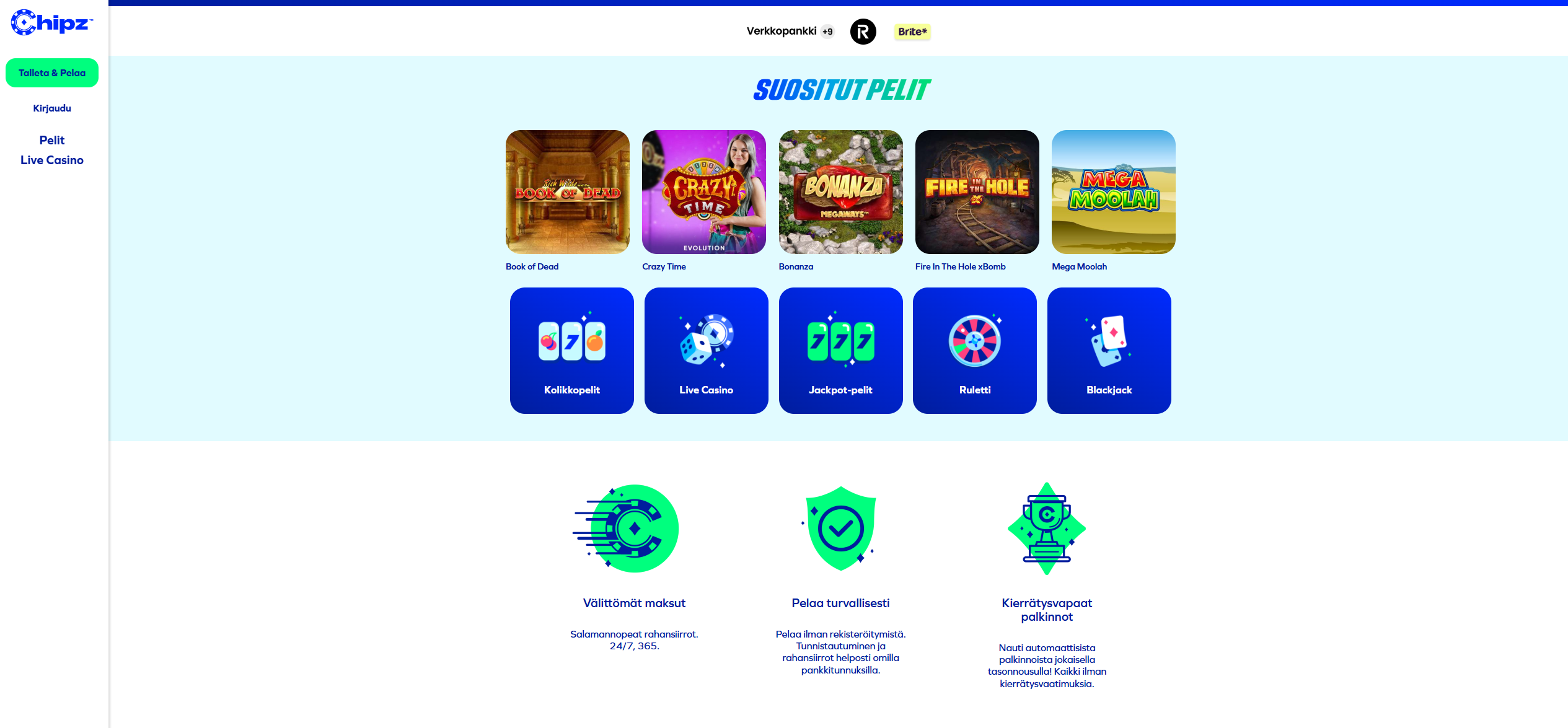 Chipz Casino etusivu kuvakaappauksessa