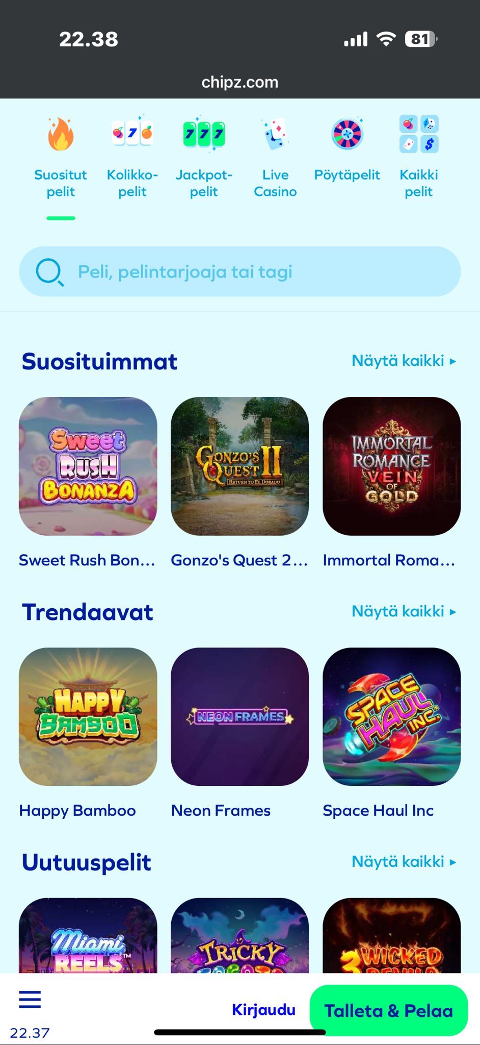 Chipz Casino mobiiliversio kuvakaappauksessa