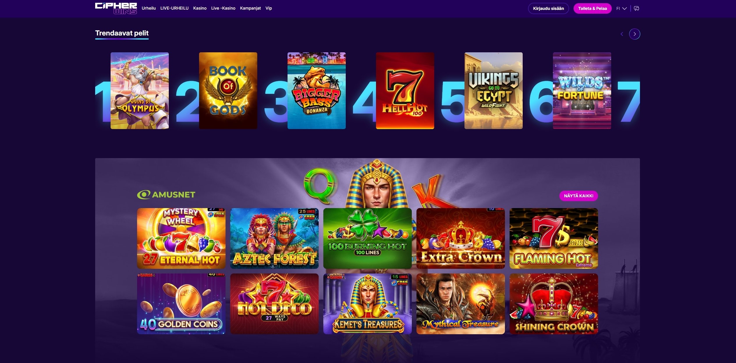 Kuvakaappaus CipherWins Casinon etusivulta, jossa näkyy kasinon tumma ja moderni teema