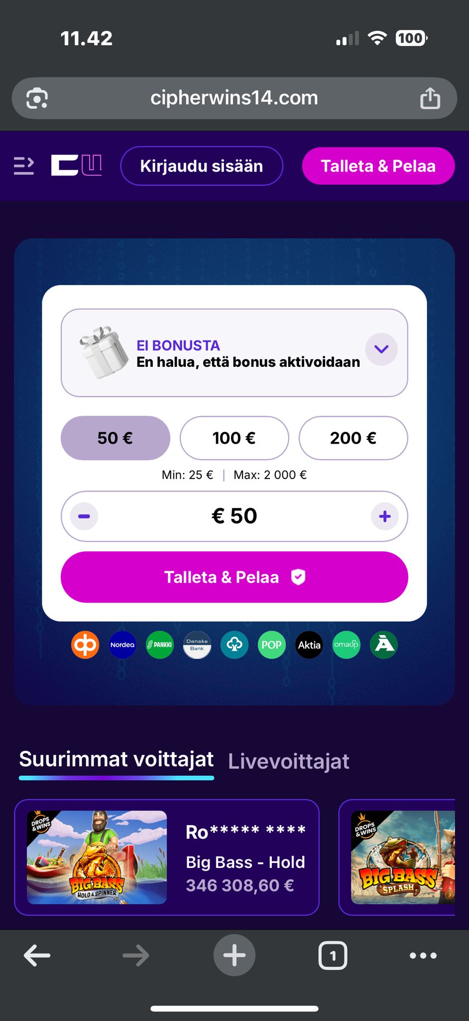 CipherWins Casino mobiiliversio kuvakaappauksessa