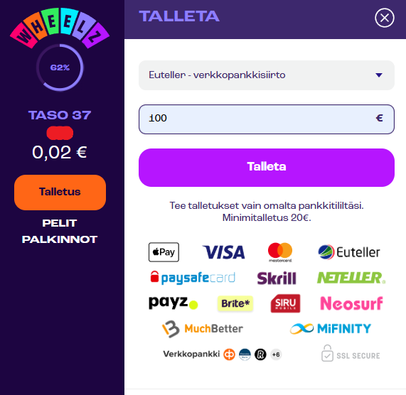 euteller talletusikkuna wheelz casinolla
