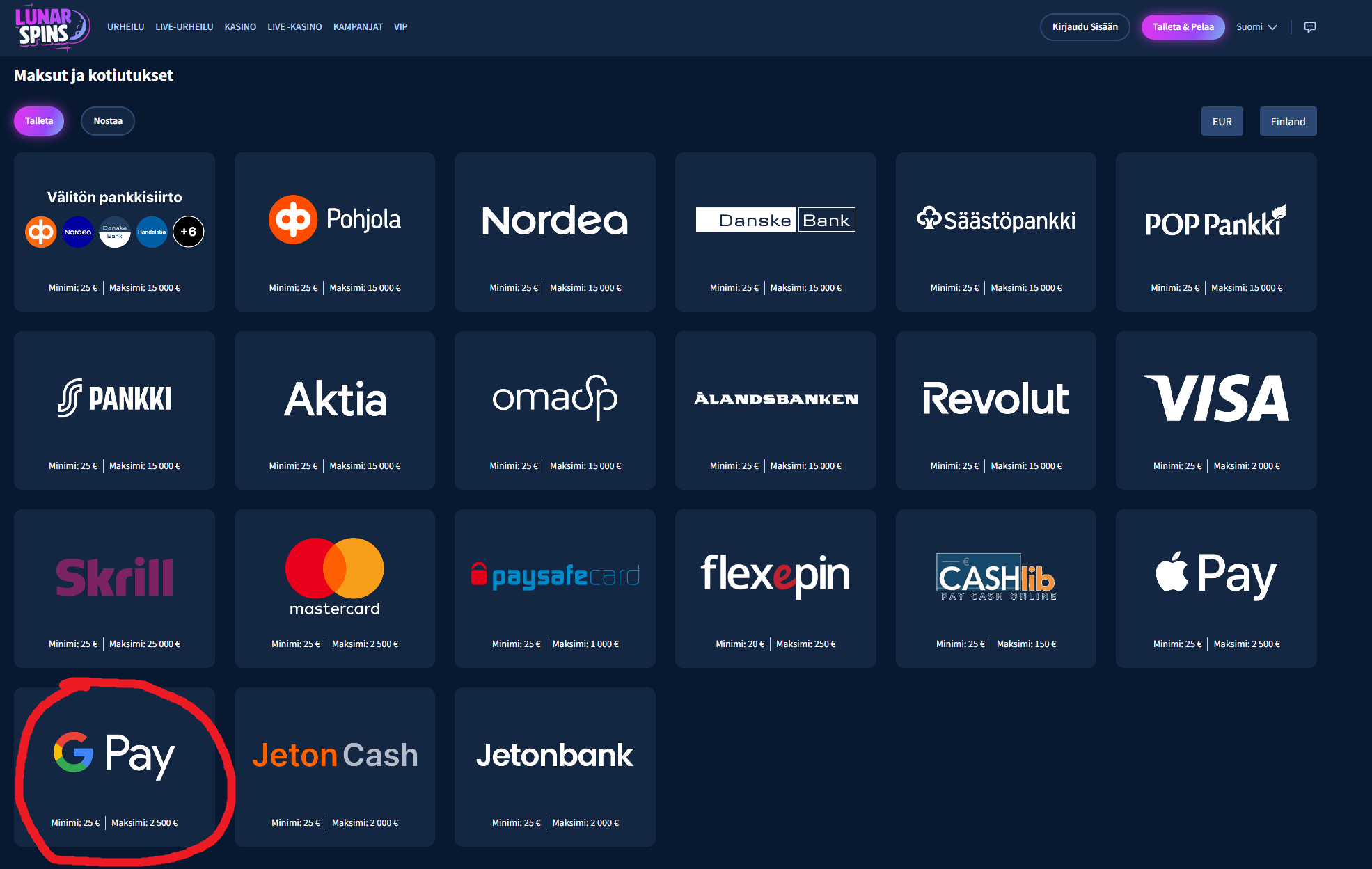 google pay lunarspins nettikasinon maksutavoissa