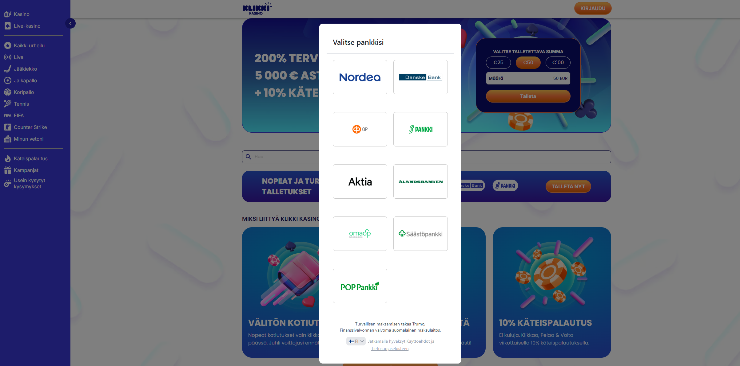 Klikki Kasino – Trumo talletus nopeasti ja turvallisesti