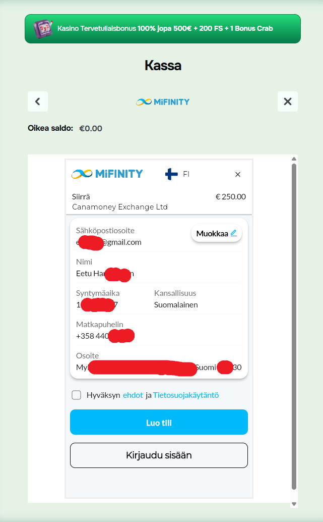 mifinity talletusikkuna
