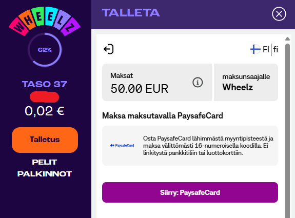 paysafecard talletusikkuna wheelz casinolla