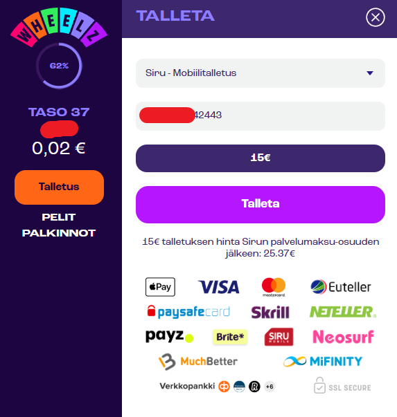 siru mobile talletusikkuna wheelz casinolla