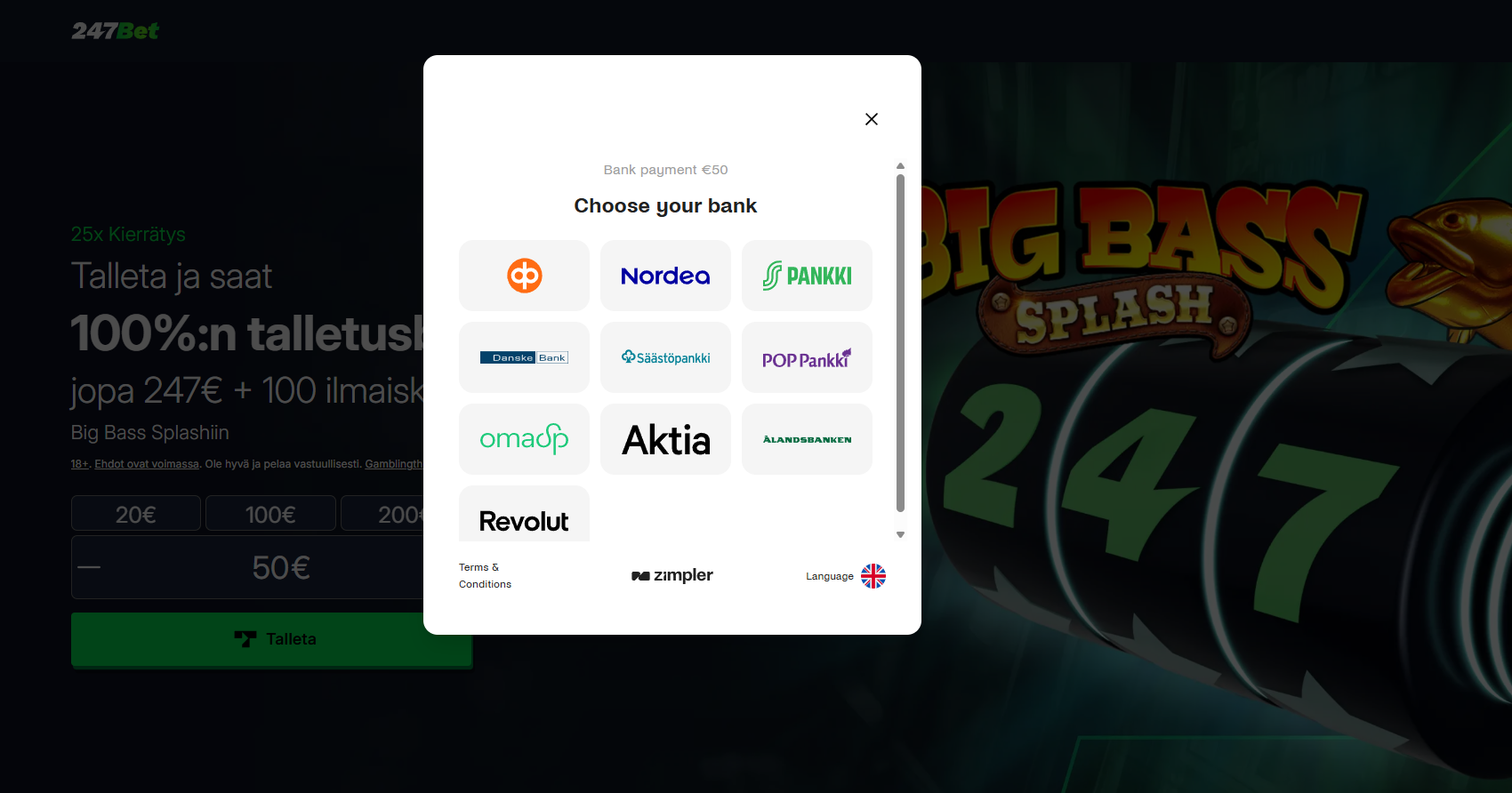 Trustly-talletus 247Bet Casinolla suomalaisella verkkopankilla