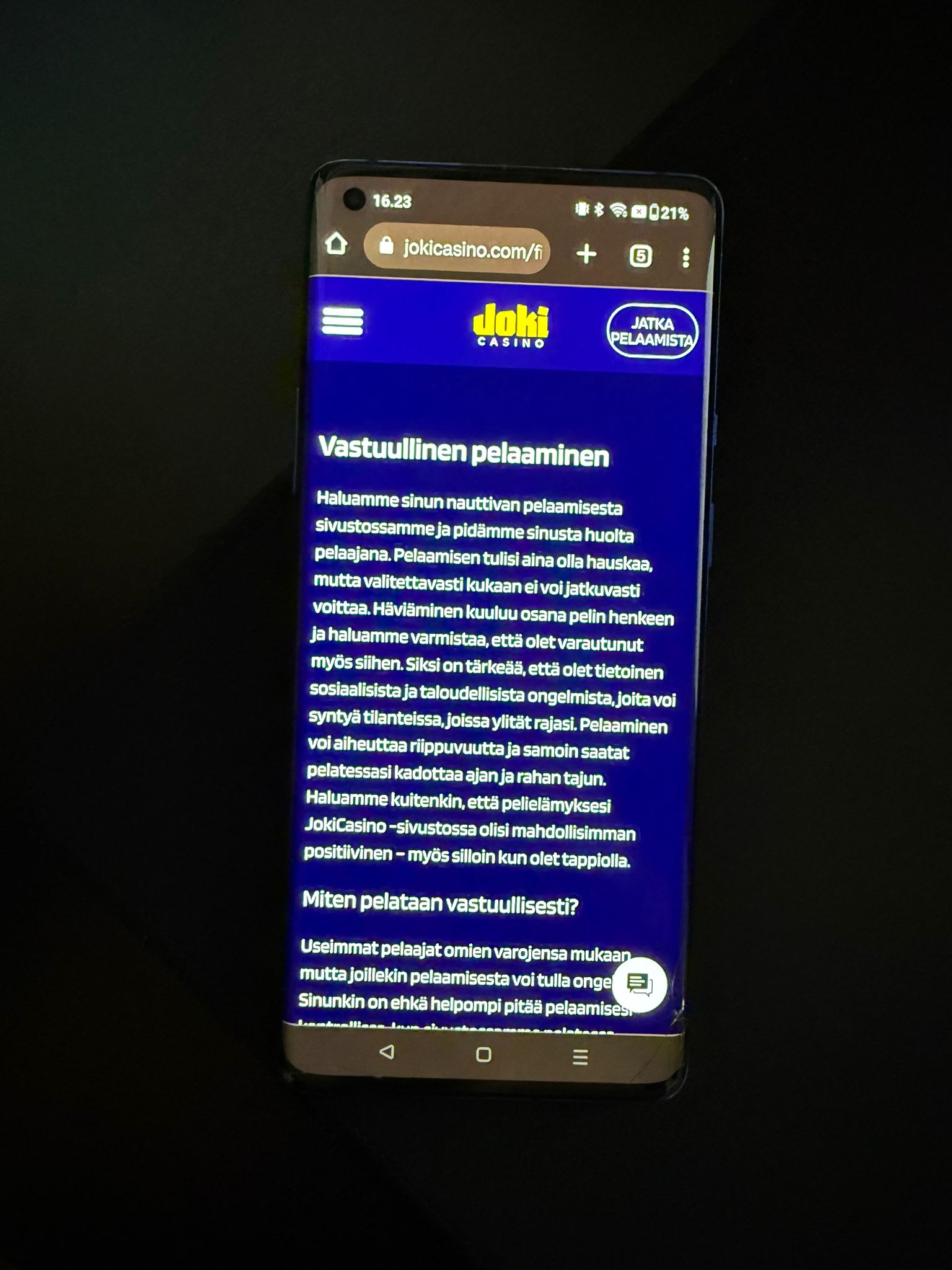 Joki Casinon vastuullisen pelaamisen osio, jossa esitellään pelaamisen hallintatyökalut