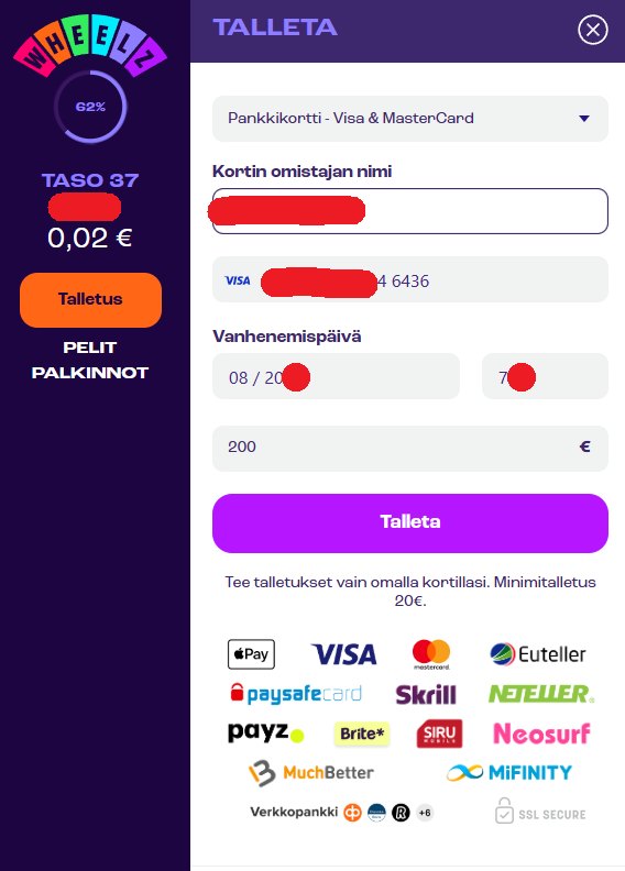 visa talletusikkuna wheelz casinolla
